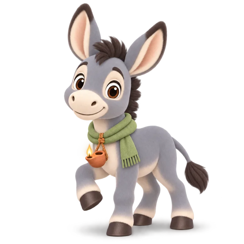 Lampkin, a blue-grey donkey foal with a sage green scarf, waving